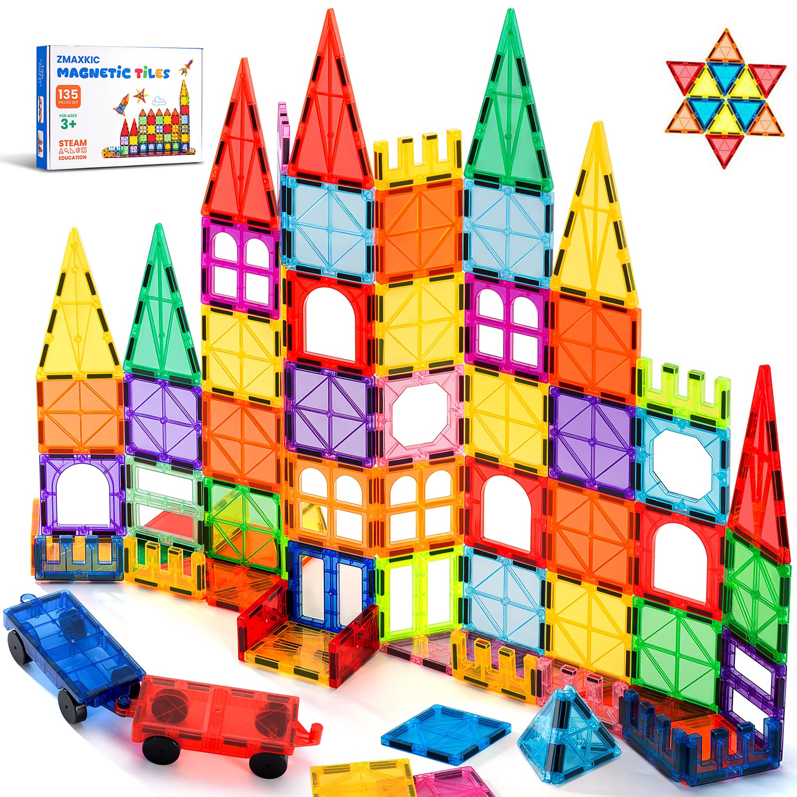 【くむ。】Life and Death＆GAO MagneticBlock Magnetic Tiles, 135PCS Magnetic Building Blocks with 2 Cars, Large
